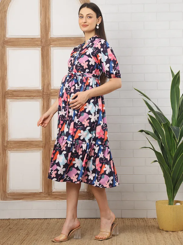 Moms_Maternity_Women's_Floral_Print_Navy_Blue_Color_Maternity_Midi_Dress
