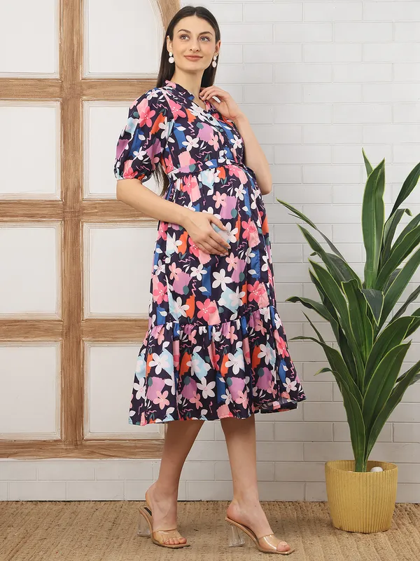 Moms_Maternity_Women's_Floral_Print_Navy_Blue_Color_Maternity_Midi_Dress