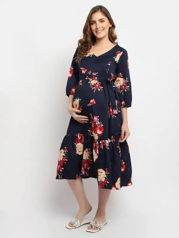 Maternity_Crepe_Floral_Print_Midi_Dress_For_Women