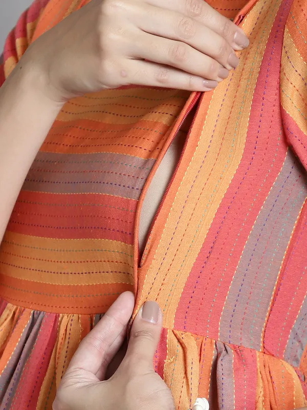 Sustainable_Cotton_Orange_Maternity_Striped_Kurta_For_Women