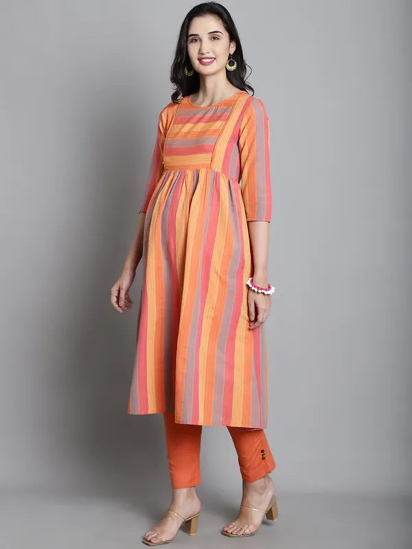 Sustainable_Cotton_Orange_Maternity_Striped_Kurta_For_Women