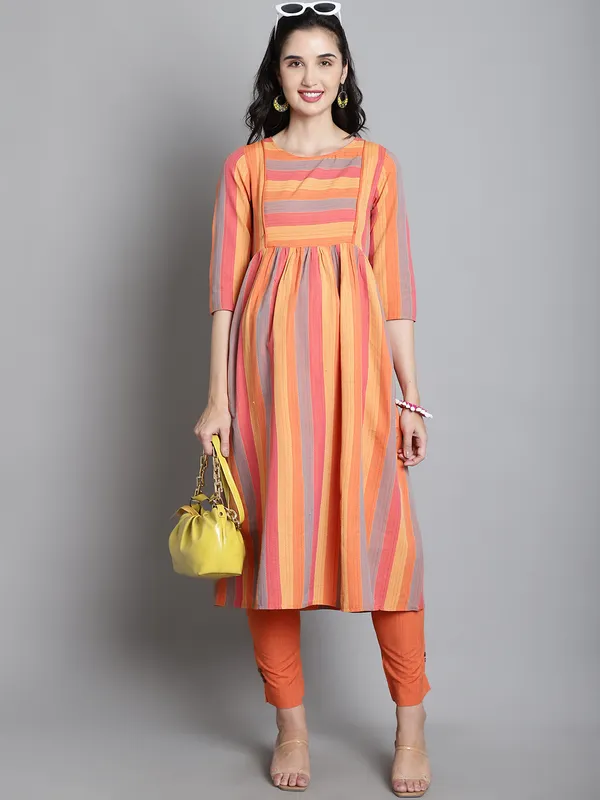 Sustainable_Cotton_Orange_Maternity_Striped_Kurta_For_Women