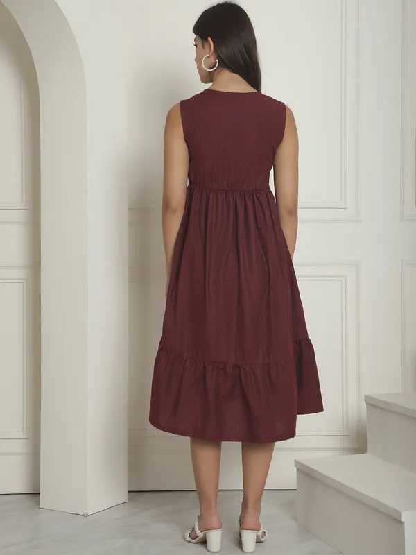Maroon_Dot_Organic_Khadi_Cotton_Maternity_Midi_Dress_For_Women