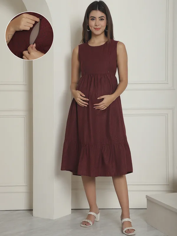 Maroon_Dot_Organic_Khadi_Cotton_Maternity_Midi_Dress_For_Women