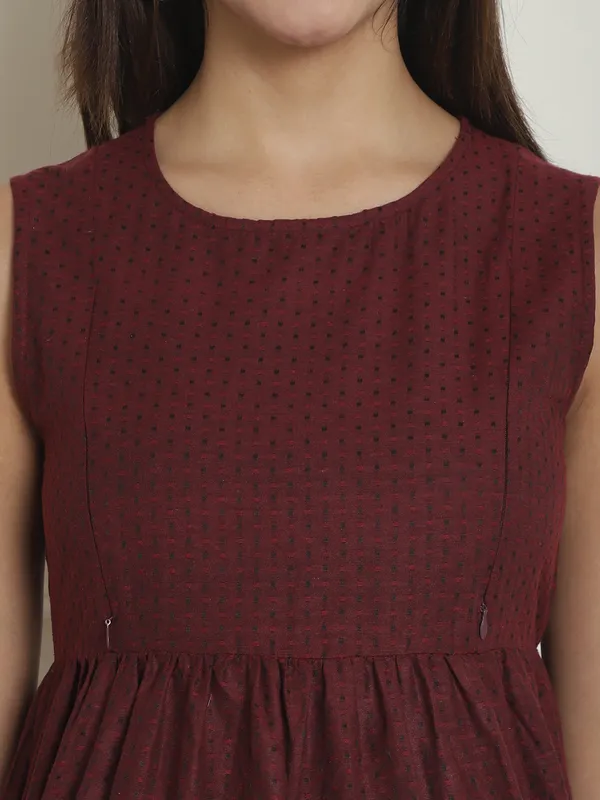 Maroon_Dot_Organic_Khadi_Cotton_Maternity_Midi_Dress_For_Women