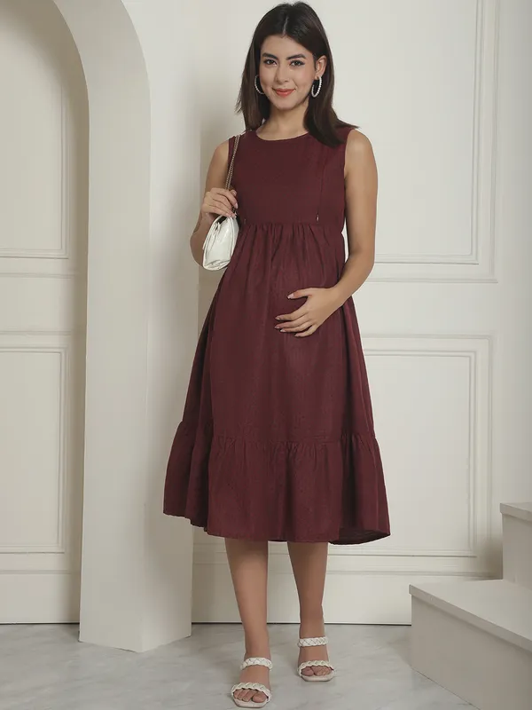 Maroon_Dot_Organic_Khadi_Cotton_Maternity_Midi_Dress_For_Women