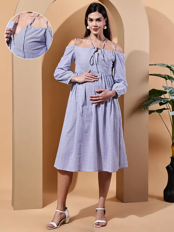Blue_Stripes_Print_Cotton_Maternity_Midi_Dress_For_Women