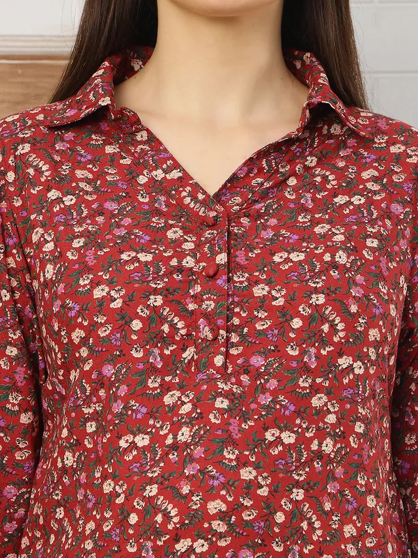 Moms_Maternity_Women's_Floral_Print_Rayon_Shirt_Collar_Maroon_Color_Pathani_Kurta_With_Trouser_Maternity_Sets_Dress