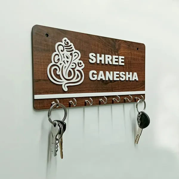 White_And_Brown_AcrylicMdf_Shiny_Wall_Mounted_Key_Holder_For_Car_Interior_Religious_Gifting_Good_Luck_Decor