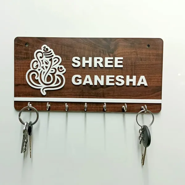 White_And_Brown_AcrylicMdf_Shiny_Wall_Mounted_Key_Holder_For_Car_Interior_Religious_Gifting_Good_Luck_Decor