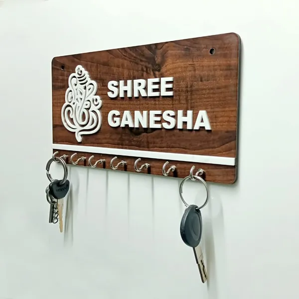 White_And_Brown_AcrylicMdf_Shiny_Wall_Mounted_Key_Holder_For_Car_Interior_Religious_Gifting_Good_Luck_Decor