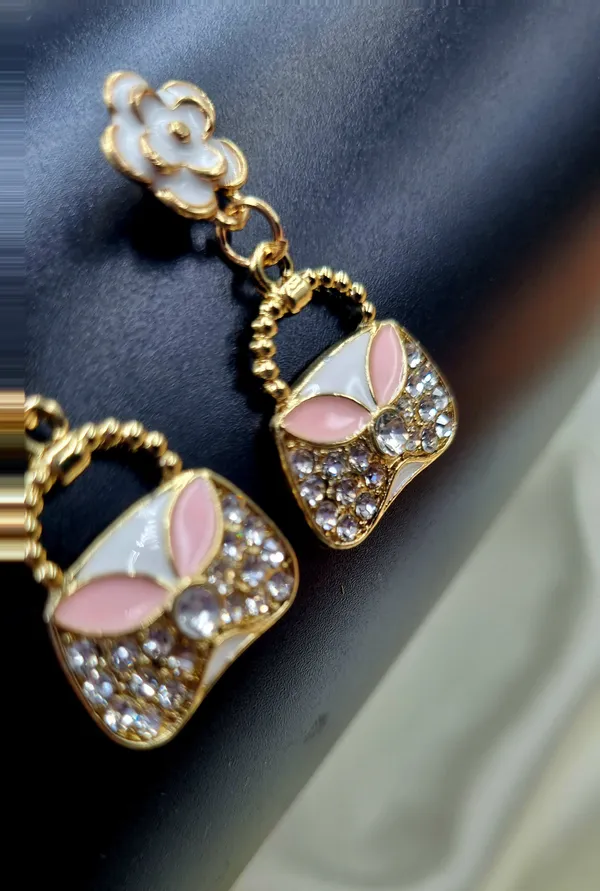 Gold-Tone_Bag_and_White_Flower_Drop_Earrings_Cubic_Zirconia_Alloy_Hoop_Earring