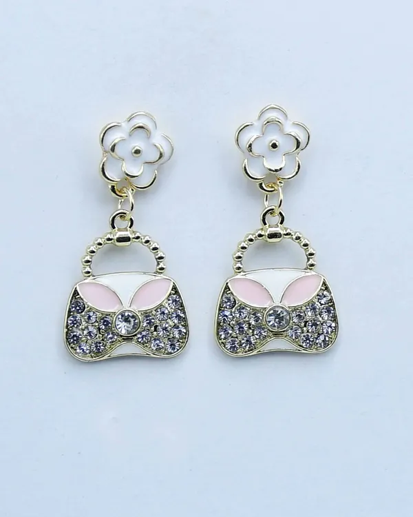 Gold-Tone_Bag_and_White_Flower_Drop_Earrings_Cubic_Zirconia_Alloy_Hoop_Earring