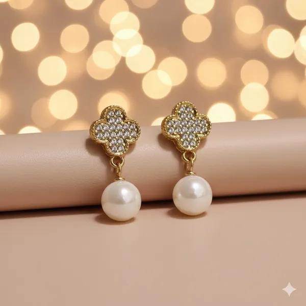Gold_Clover_Pearl_Drop_Earrings_for_Women_|_Crystal_Stud_Designer_Earrings_|_Elegant_Party_Wear_Jewelry