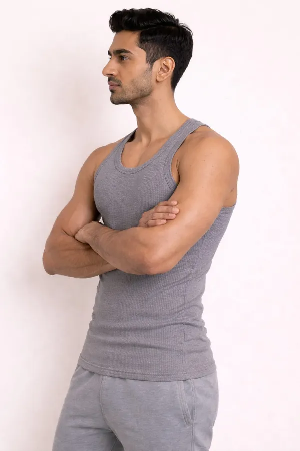 Grey_Slim_Fit_Ribbed_Plain_Cotton_Vest_For_Men