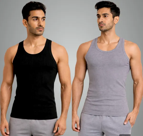 Grey_And_Black_Slim_Fit_Ribbed_Plain_Cotton_Vest_For_Men_Combo_Set_Pack_Of_2