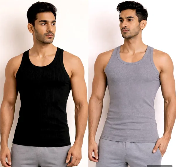 Grey_And_Black_Slim_Fit_Ribbed_Plain_Cotton_Vest_For_Men_Combo_Set_Pack_Of_2