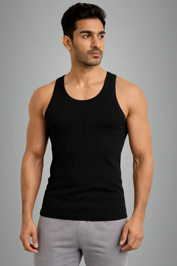 Black_Slim_Fit_Ribbed_Plain_Cotton_Vest_For_Men