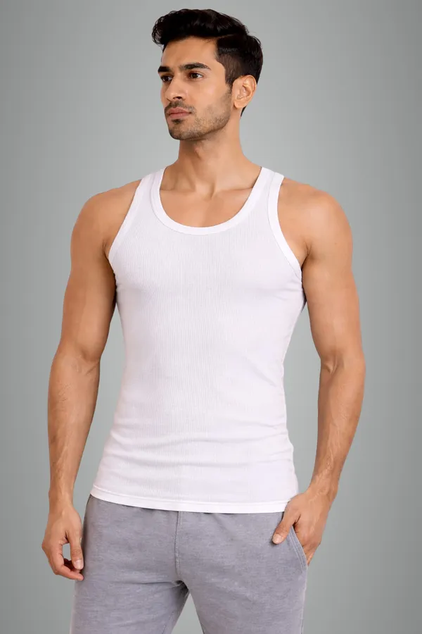 White_Slim_Fit_Ribbed_Plain_Cotton_Vest_For_Men
