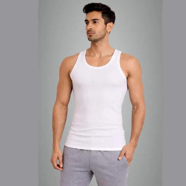 White_Slim_Fit_Ribbed_Plain_Cotton_Vest_For_Men