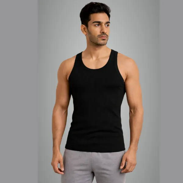 Black_Slim_Fit_Ribbed_Plain_Cotton_Vest_For_Men