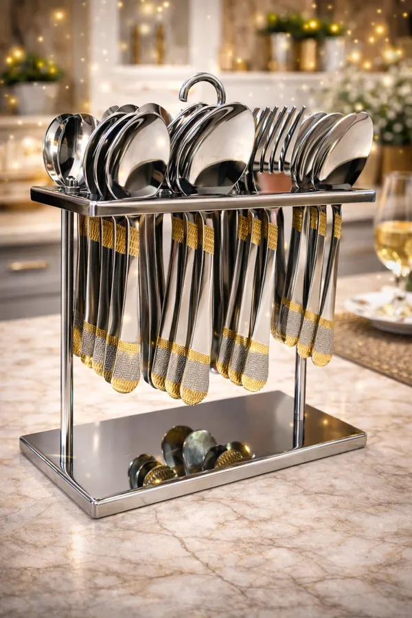 Set_of_25_Pcs_Haritage_Designer_Gold_Cutlery_Set_Of_6_Dinner_Spoon,_6_Dinner_Fork,_6_Table_Spoon,6_Tea_Spoon_and_1_Stand