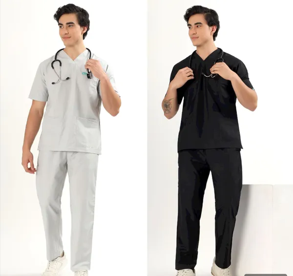 Customized_Cloud_Grey_And_Jet_Black_V-Neck_Scrub_Suit_Set_Ultra_Soft_With_10_Pockets_For_Men_Combo_Set_Pack_Of_2