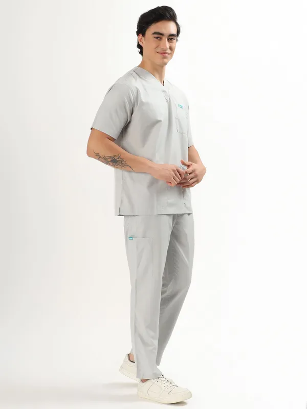Customized_Cloud_Grey_And_Jet_Black_V-Neck_Scrub_Suit_Set_Ultra_Soft_With_10_Pockets_For_Men_Combo_Set_Pack_Of_2