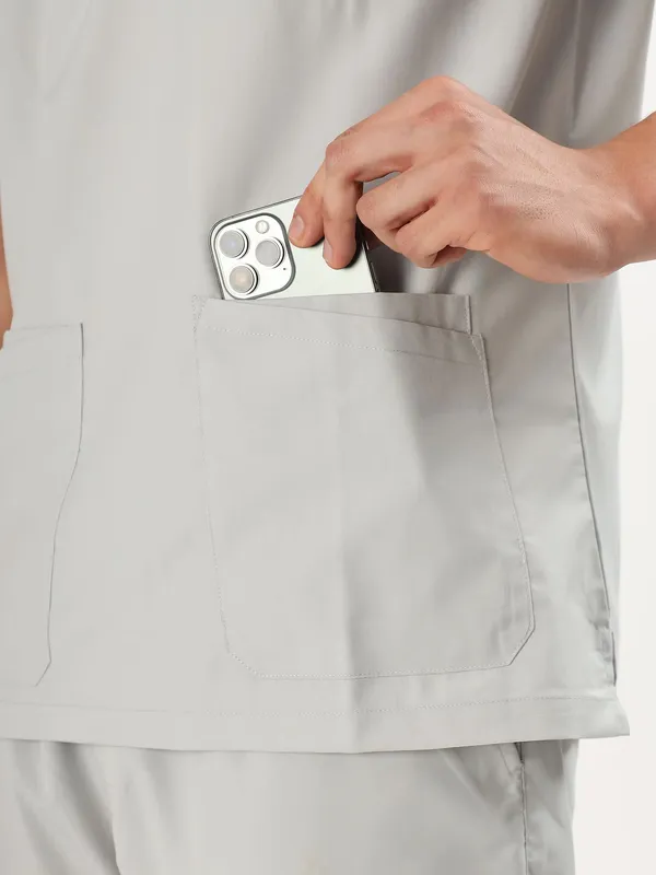 Customized_Cloud_Grey_V-Neck_Scrub_Suit_Set_Ultra_Soft_With_10_Pockets_For_Men