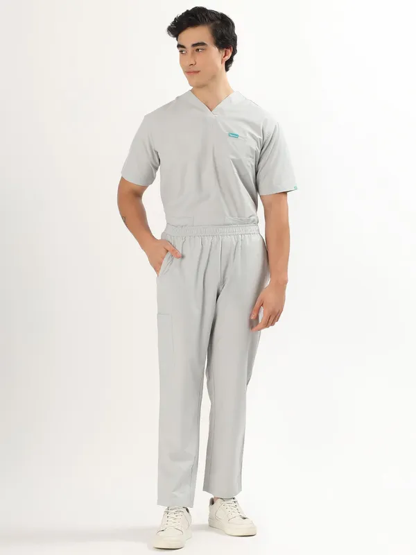 Customized_Cloud_Grey_And_Jet_Black_V-Neck_Scrub_Suit_Set_Ultra_Soft_With_10_Pockets_For_Men_Combo_Set_Pack_Of_2