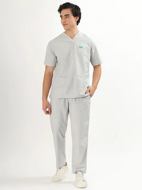 Customized_Cloud_Grey_And_Jet_Black_V-Neck_Scrub_Suit_Set_Ultra_Soft_With_10_Pockets_For_Men_Combo_Set_Pack_Of_2