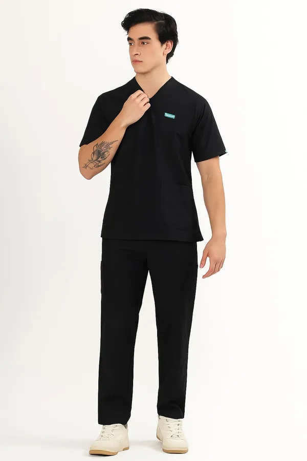 Customized_Jet_Black_V-Neck_Ultra_Soft_Scrub_Suit_Set_With_10_Pockets_For_Men