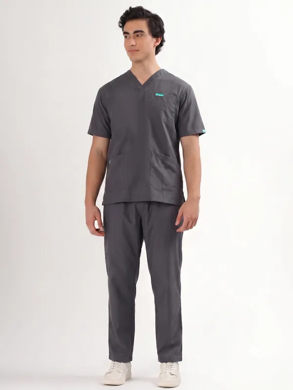 Charcoal_Grey_V-Neck_Scrub_Suit_Set_Ultra_Soft_With_10_Pockets_For_Men