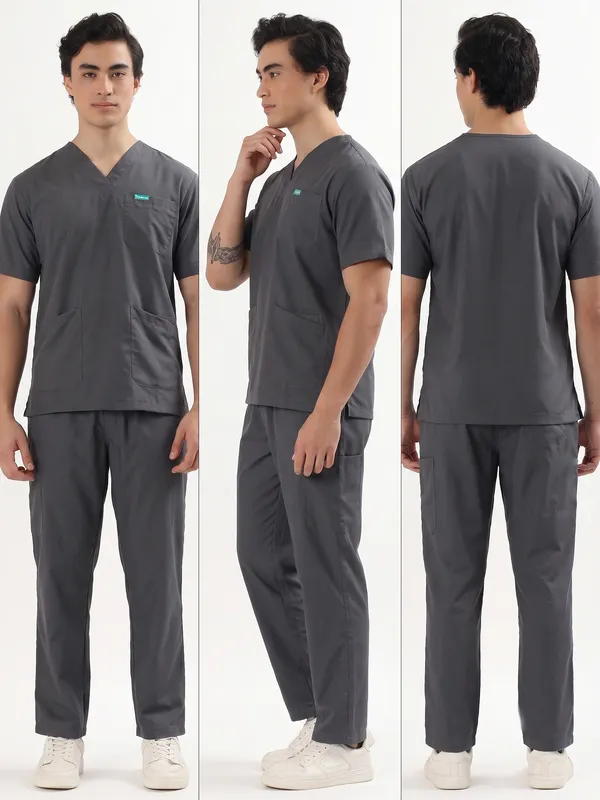 Charcoal_Grey_V-Neck_Scrub_Suit_Set_Ultra_Soft_With_10_Pockets_For_Men