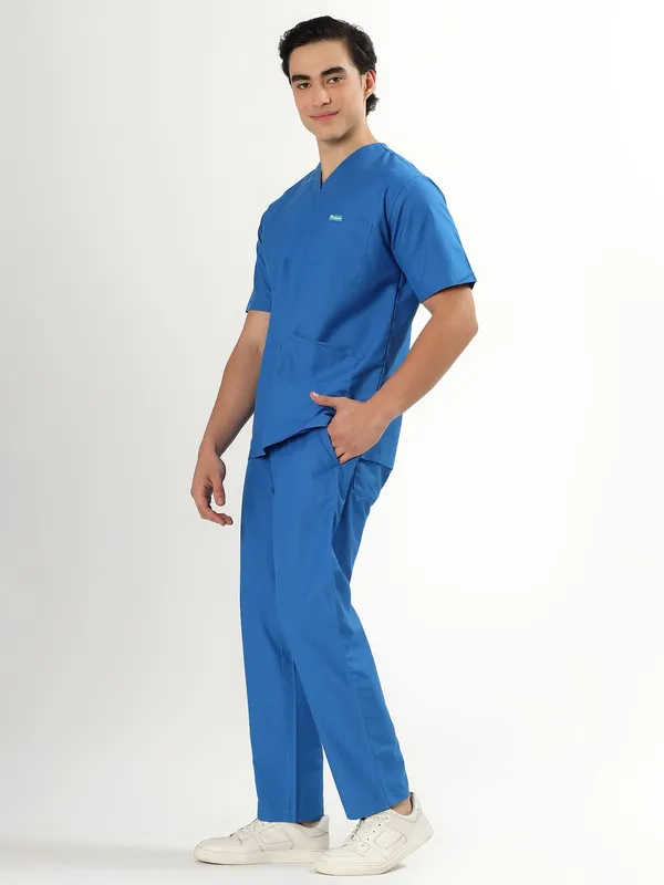 Customized_Cobalt_Blue_V-Neck_Scrub_Suit_Set_Ultra_Soft_With_10_Pockets_For_Men