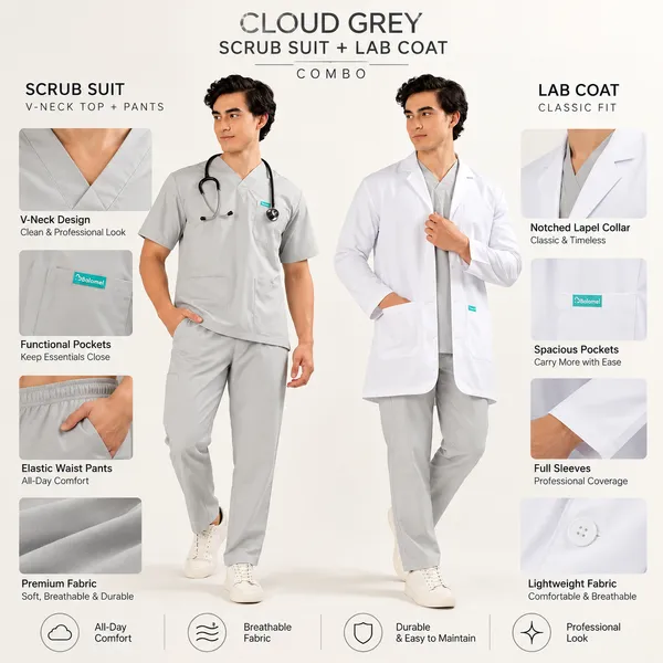 Cloud_Grey_V-Neck_Scrub_Suit_Set_+_Lab_coat_Combo