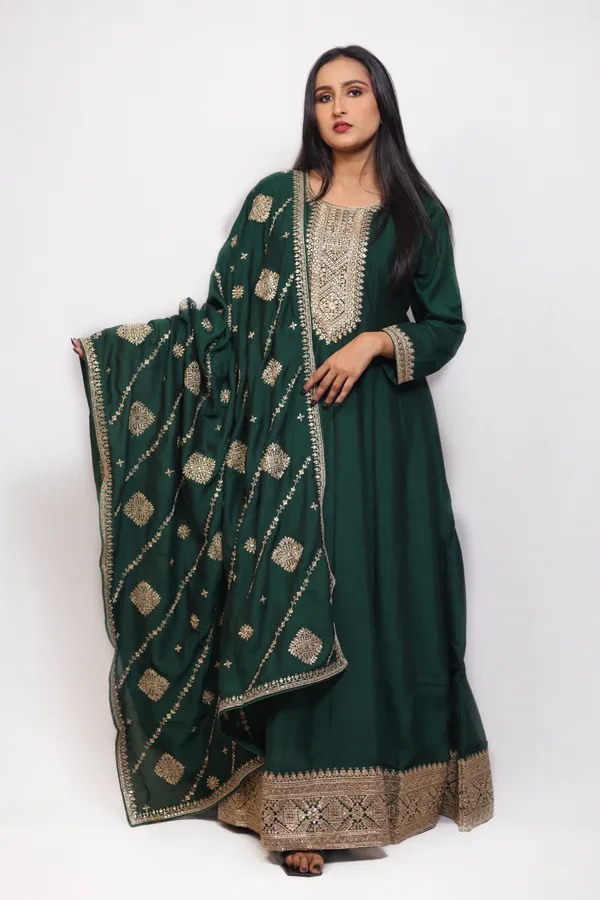 Bottle_Green_Embroidered_Chinon_Anarkali_Suit_With_Dupatta_and_Padded_Bust