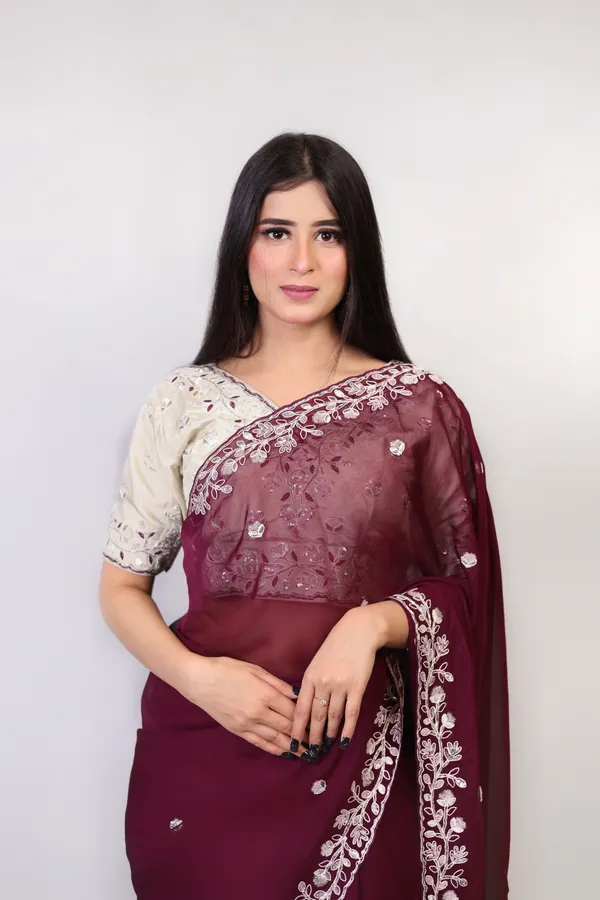 Maroon_Embroidered_Saree_With_Beige_Blouse