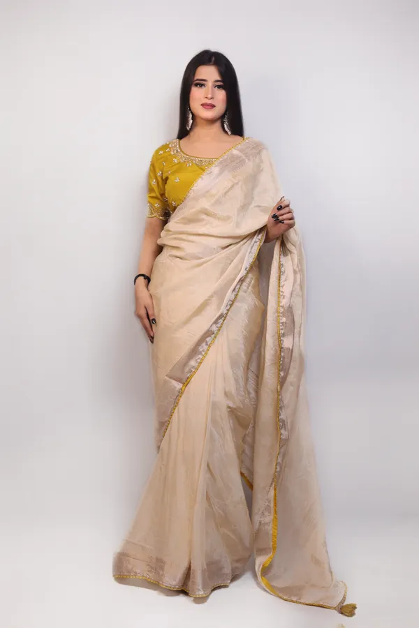 Off_White_Elegant_Organza_Saree_With_Mustard_Yellow_Embellished_Blouse