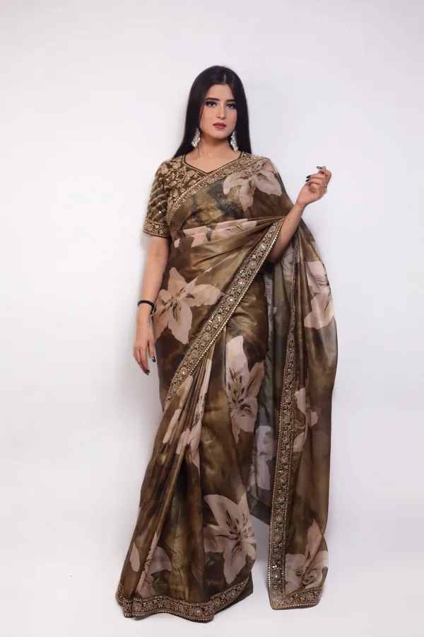 Olive_Green_Floral_Print_Saree_With_Embroidered_Blouse