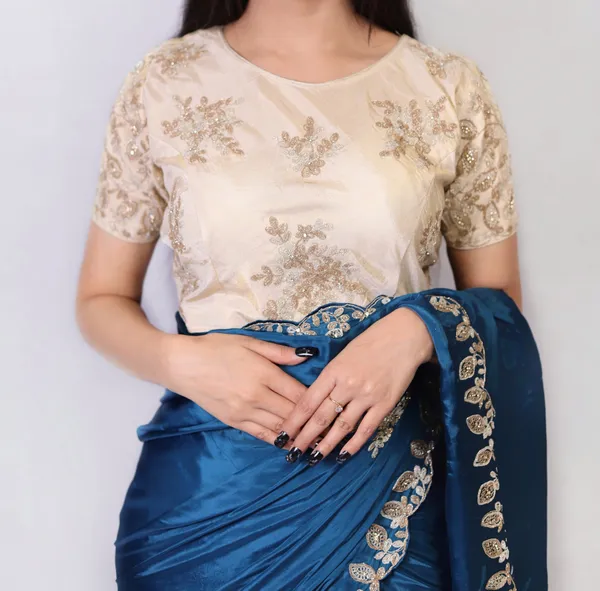 Navy_Blue_Elegant_Embroidered_Saree_With_Contrast_Blouse