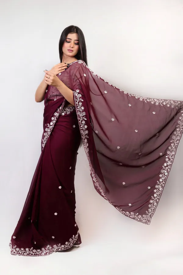 Maroon_Embroidered_Saree_With_Beige_Blouse
