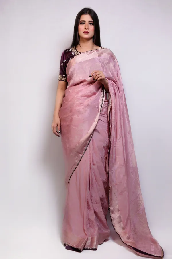 Pink_Organza_Saree_With_Embellished_Purple_Blouse