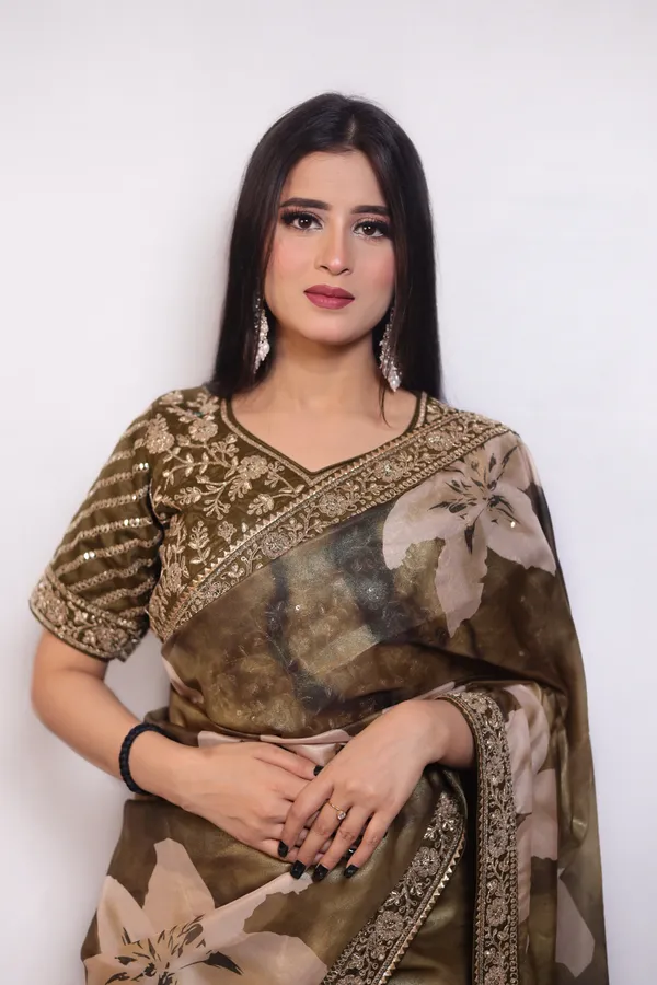 Olive_Green_Floral_Print_Saree_With_Embroidered_Blouse