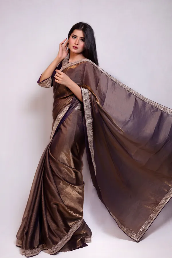 Dual_Tone_Gold_Saree_With_Embellished_Border_And_Stitched_Blouse