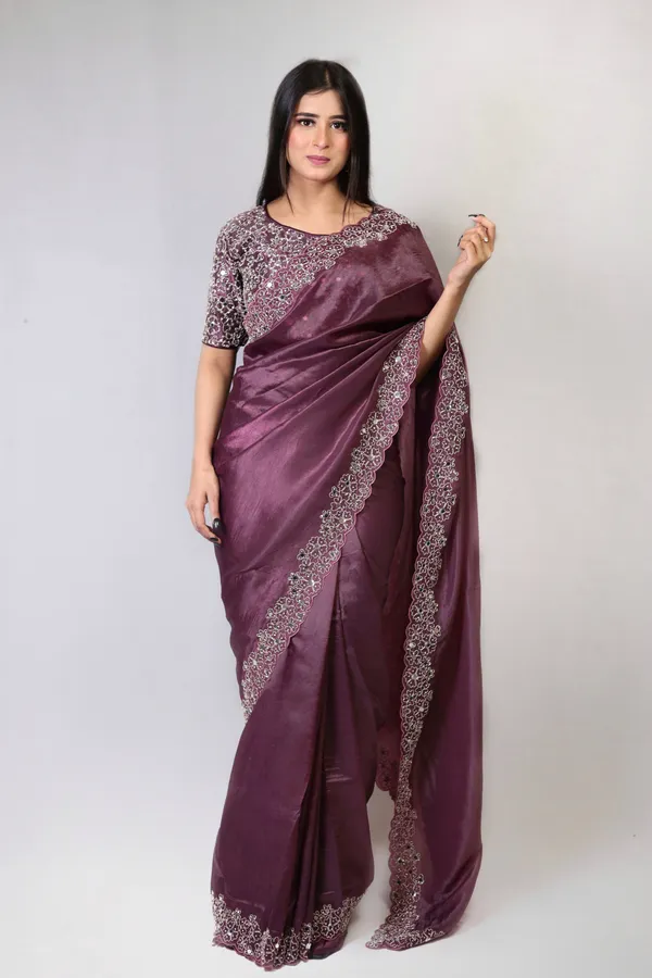 Purple_Elegant__Mirror_Embroidered_Saree_With_Intricate_Border_And_Stitched_Blouse