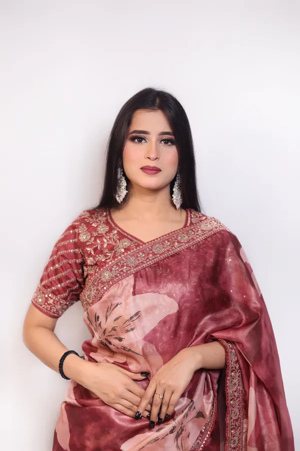 Pink_And_Gold_Elegant_Embroidered_Saree_With_Floral_Print_And_Embellished_Blouse