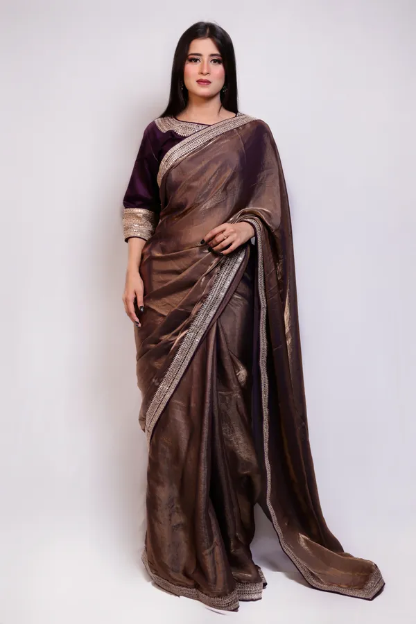 Dual_Tone_Gold_Saree_With_Embellished_Border_And_Stitched_Blouse