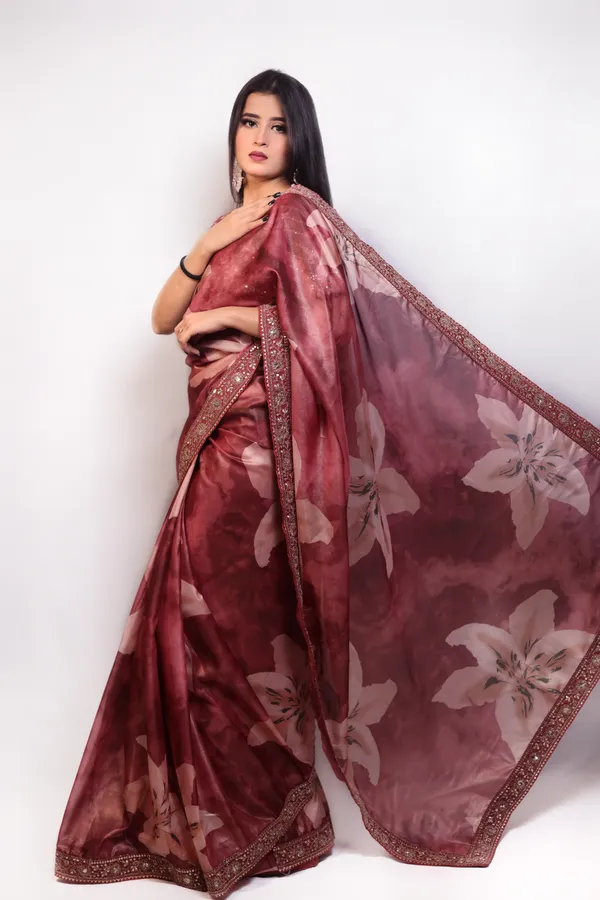 Pink_And_Gold_Elegant_Embroidered_Saree_With_Floral_Print_And_Embellished_Blouse