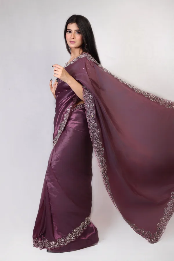 Purple_Elegant__Mirror_Embroidered_Saree_With_Intricate_Border_And_Stitched_Blouse